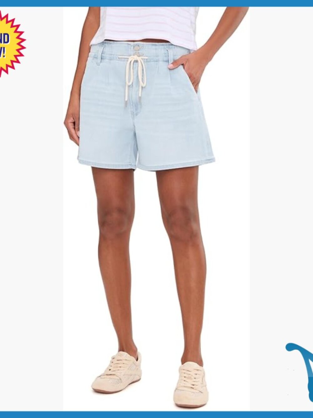 5" Mid-Rise Tie Front Denim Shorts with Pleats, Belt Loops, Zip Fly
